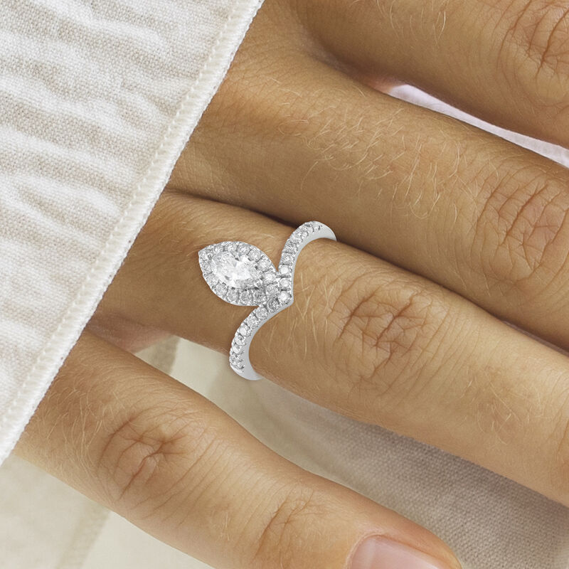 Marquise Natural Diamond 3/4ctw. Halo V Shank Engagement Ring in 14k White Gold image number null