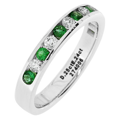 Diamond & Emerald Channel Set 1/4ctw. Band in 14k White Gold