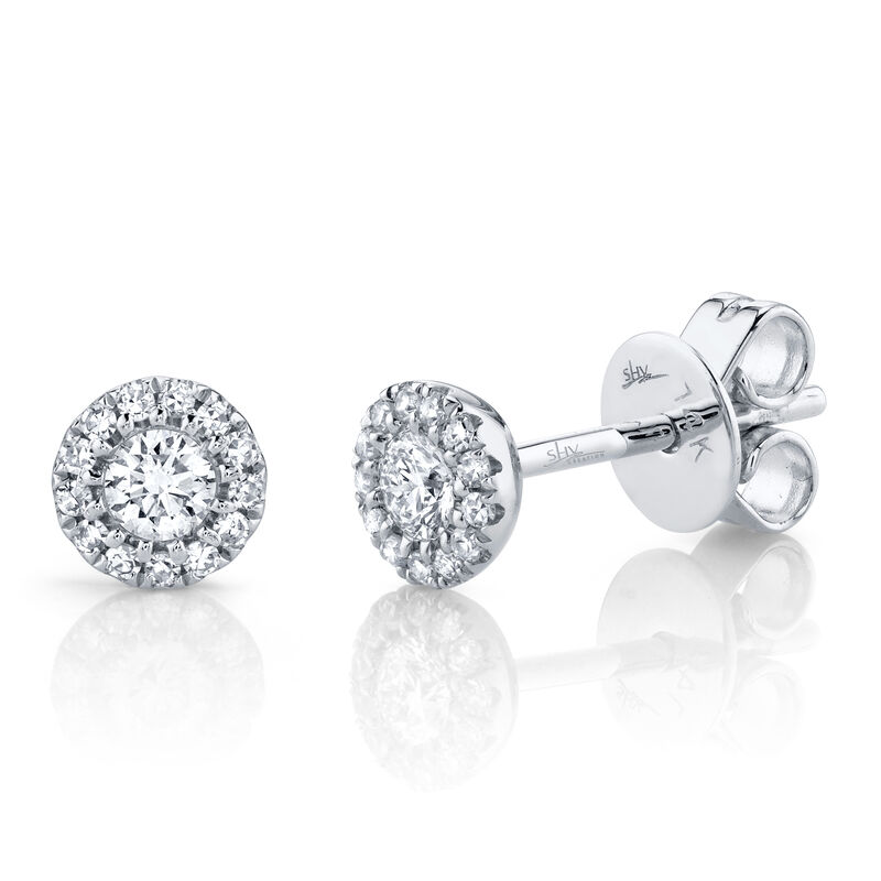 Shy Creation: Diamond Halo 1/4ctw. Stud Earrings in 14k White Gold image number null