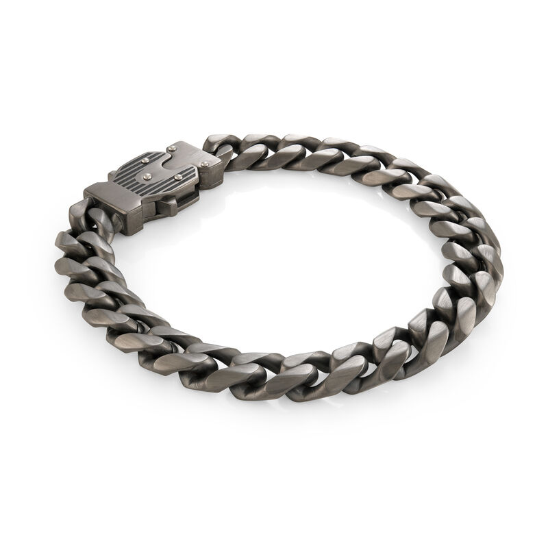 Men's 8.5" 10mm Curb Link Bracelet With Fancy Clasp in Gun IP Matte Stainless Steel image number null