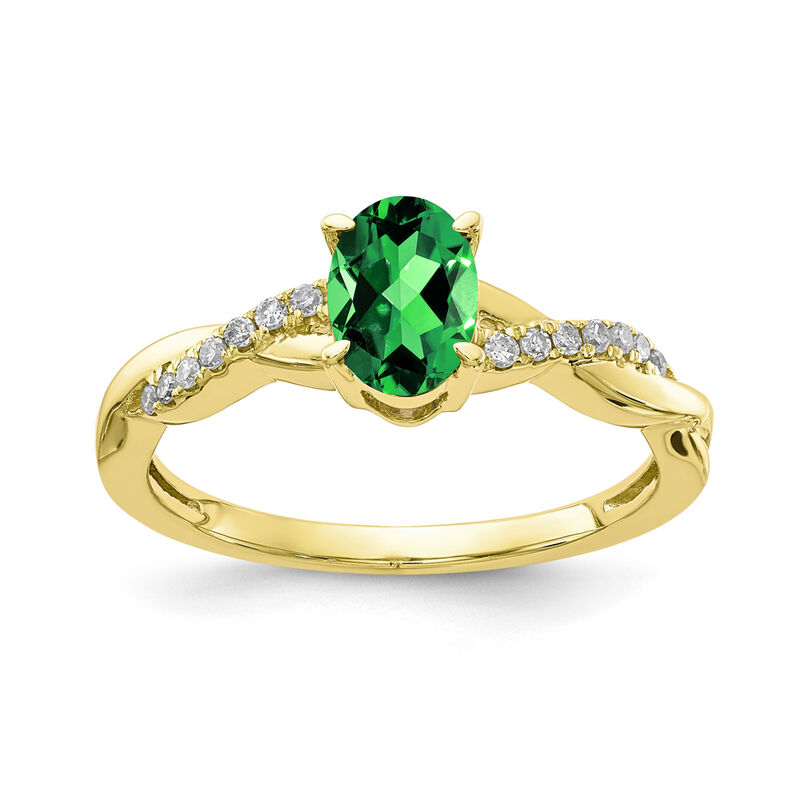 Oval Created Emerald and Diamond Twist Ring in 10k Yellow Gold image number null