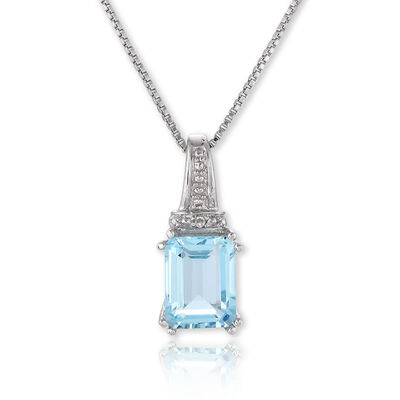 Aquamarine Emerald-Cut Diamond Pendant in Sterling Silver
