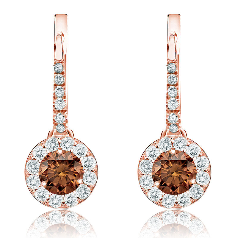 Champagne 2ct. Drop Diamond Halo Earrings in 14k Rose Gold image number null