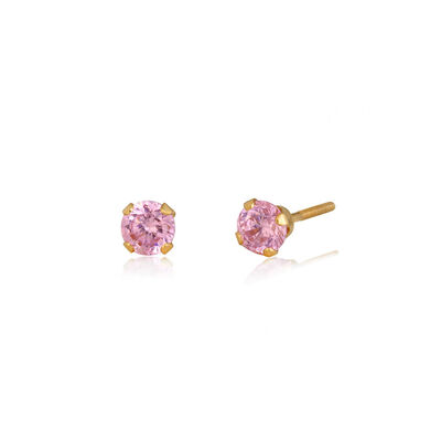 Pink Cubic Zirconia Stud Solitaire Screw Back Earrings for Babies, Toddlers & Little Girls in 14k Yellow Gold