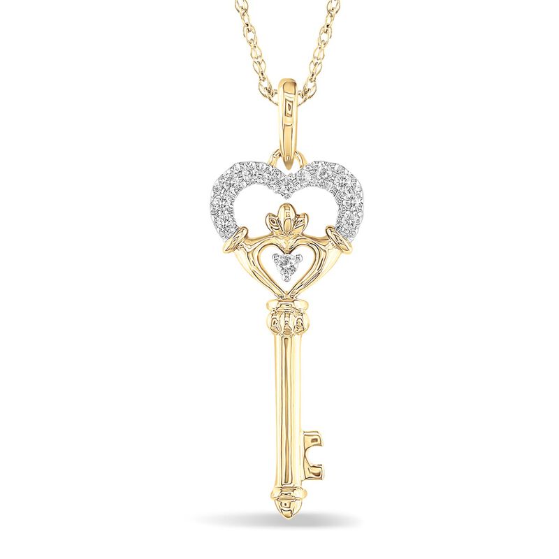 Brilliant-Cut .07ctw. Diamond Claddagh Key Pendant in 10k Two-Tone Gold image number null