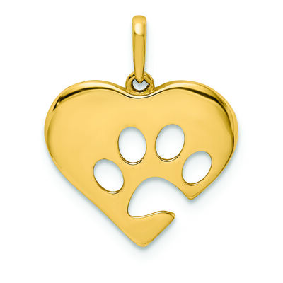 Polished Heart with Paw Print Charm in 14k Yellow Gold