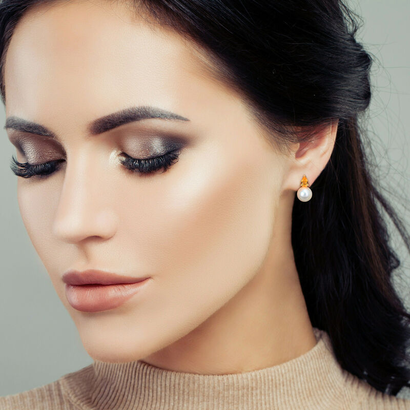 Citrine & Freshwater Cultured Pearl Stud Earrings in Gold Plated image number null