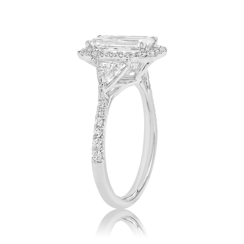 Elongated Emerald Lab Grown Diamond 2 2/5ctw. Halo Three Stone Plus Engagement Ring in 14k White Gold image number null