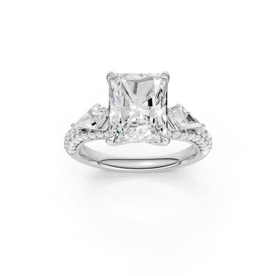 Radiant Lab Grown Diamond 4ctw. Three Stone Plus Engagement Ring with Kite Lab Grown Diamonds in 14k White Gold