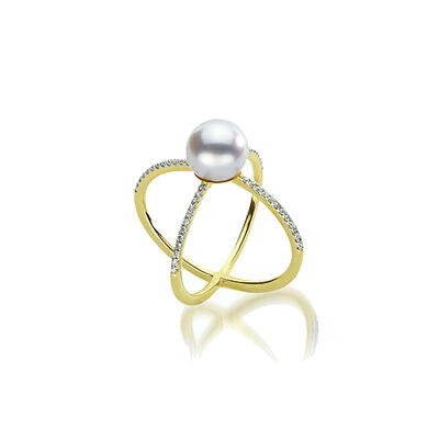 Freshwater Pearl & Diamond ‘X’ Fashion Ring in 10k Yellow Gold