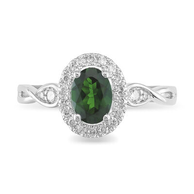 Oval Chrome Diopside & Diamond Halo Ring in 10k White Gold