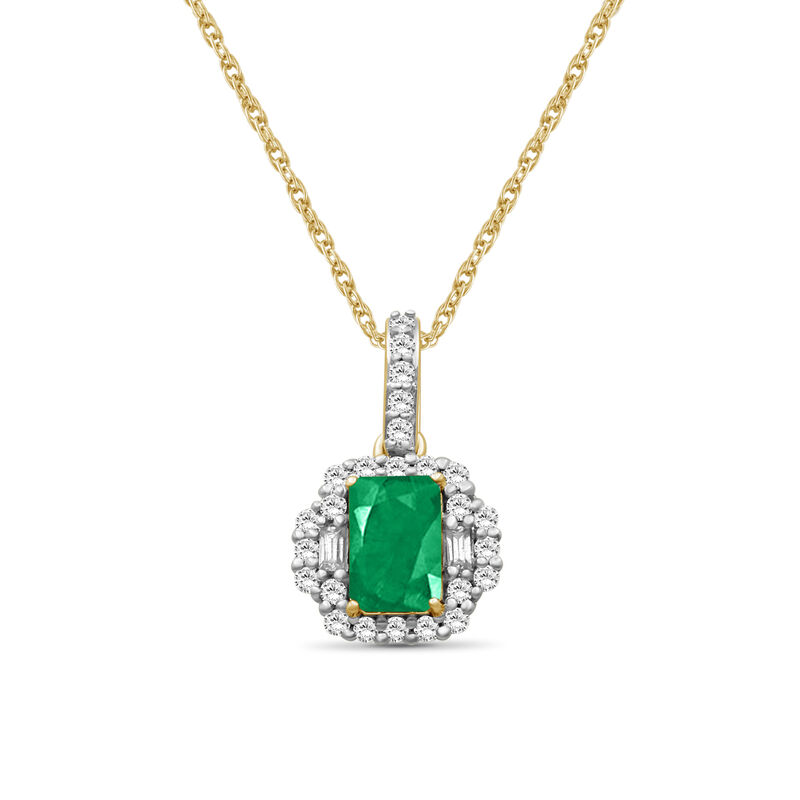 Emerald-Cut Emerald &  Diamond Halo Drop Pendant in 10k Yellow Gold image number null