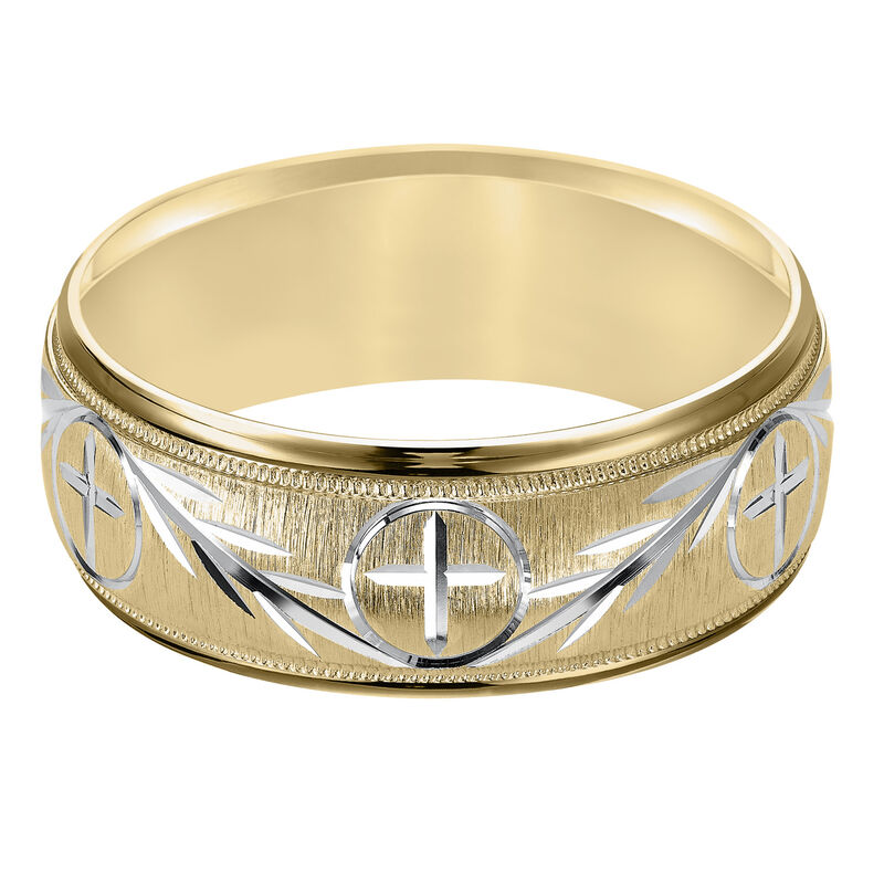 Men's Swiss Cut & Cross Detail Wedding Band in 14k Yellow Gold image number null