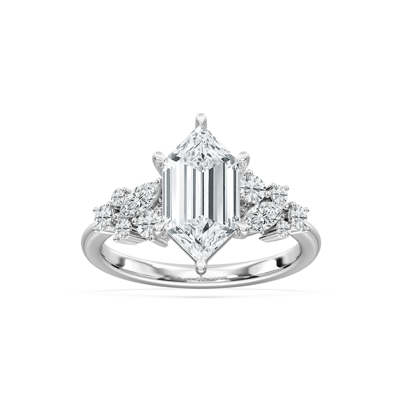Elongated Hexagon Lab Grown Diamond 3 1/2ctw. Engagement Ring with Marquise and Round Accents in 14k White Gold image number null