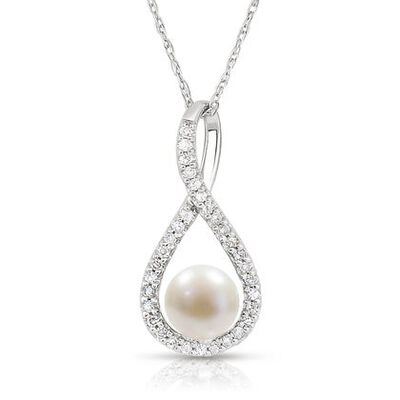 Pearl & Diamond Infinity Drop Pendant in 10k White Gold