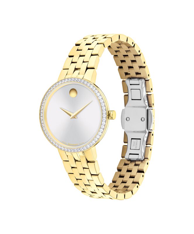 Movado Ladies' Museum Classic Silver White Dial Lab-Grown Diamonds Yellow Gold-Tone Stainless Steel 30mm Watch 0608068 image number null