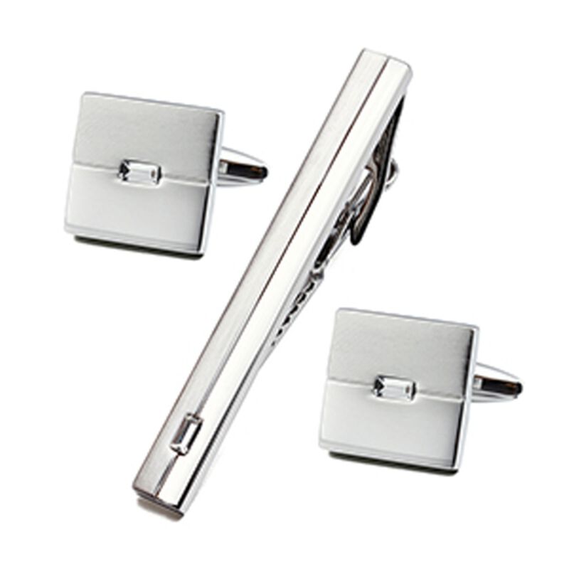 Men's Silver-Tone Crystal Accent Tie Bar & Cufflinks Set image number null