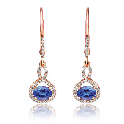 Oval Tanzanite & Diamond Dangle Earrings in 14k Rose Gold