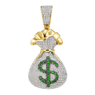 Men's Money Bag Green & White Diamond Pendant 3/4ctw in 10k Yellow Gold
