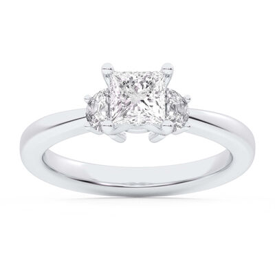 Princess-Cut Lab Grown 1 1/5ctw. Diamond Three-Stone with Half Moon Sides Engagement Ring in 14k White Gold