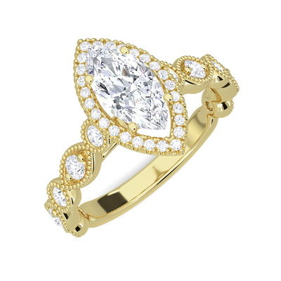 Marquise-Cut Lab Grown 1.50ctw. Diamond Milgrain Halo Engagement Ring in 14k Yellow Gold