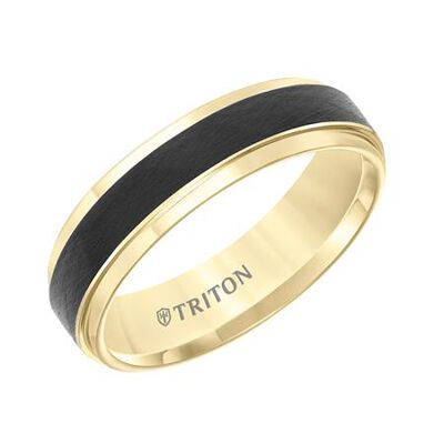 Triton Tungsten Carbide Men's Band with Black Crystalline Finish Center and Yellow Step in Two-Tone