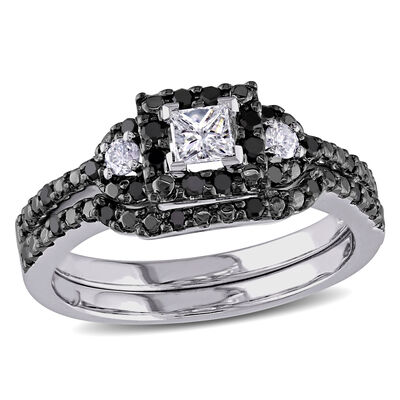 Princess-Cut Black & White Diamond Halo 1/2ctw. Engagement Ring + Matching Band in 10k White Gold