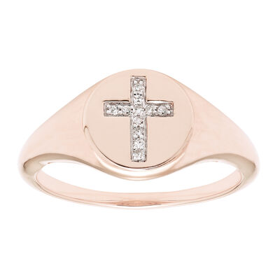 Diamond Cross Signet Ring in 14k Rose Gold