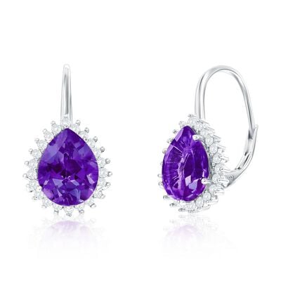 Amethyst and White Topaz Pear Shape Halo Earrings in Sterling Silver