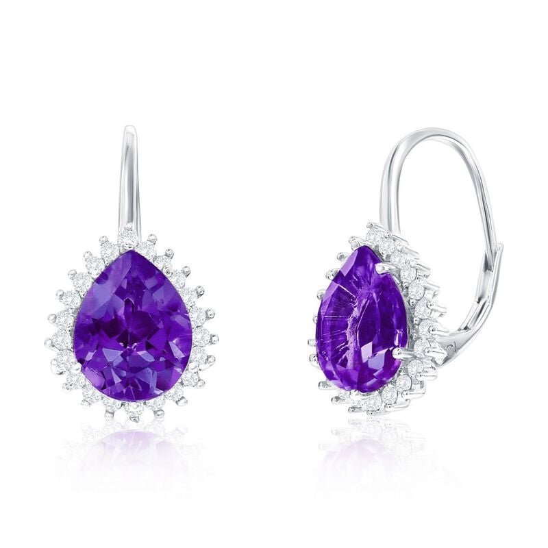 Amethyst and White Topaz Pear Shape Halo Earrings in Sterling Silver image number null