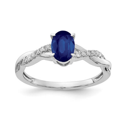 Created Blue Sapphire & Diamond Oval Twist Ring in 10k White Gold