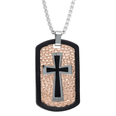 Men's Stainless Steel Rose Ion-Plate Pebbled Dog tag Necklace