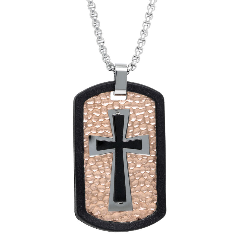 Men's Stainless Steel Rose Ion-Plate Pebbled Dog tag Necklace image number null