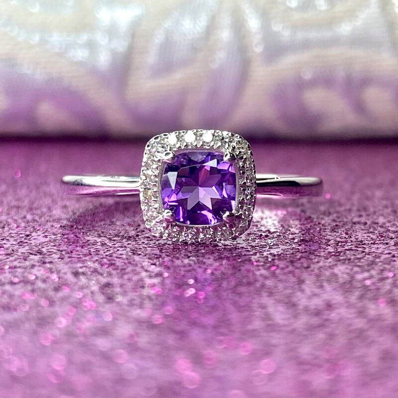 Cushion-Cut Amethyst & Diamond Halo Ring in Sterling Silver image number null