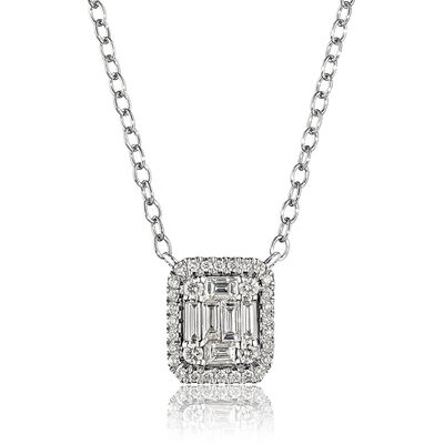 Baguette & Round Rectangle Diamond Cluster Necklace in 14k White Gold