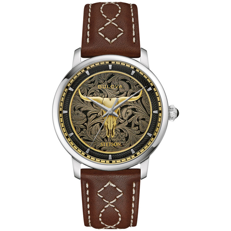 Bulova Stetson Longhorn Automatic Brown Leather Strap Watch 96A334 image number null
