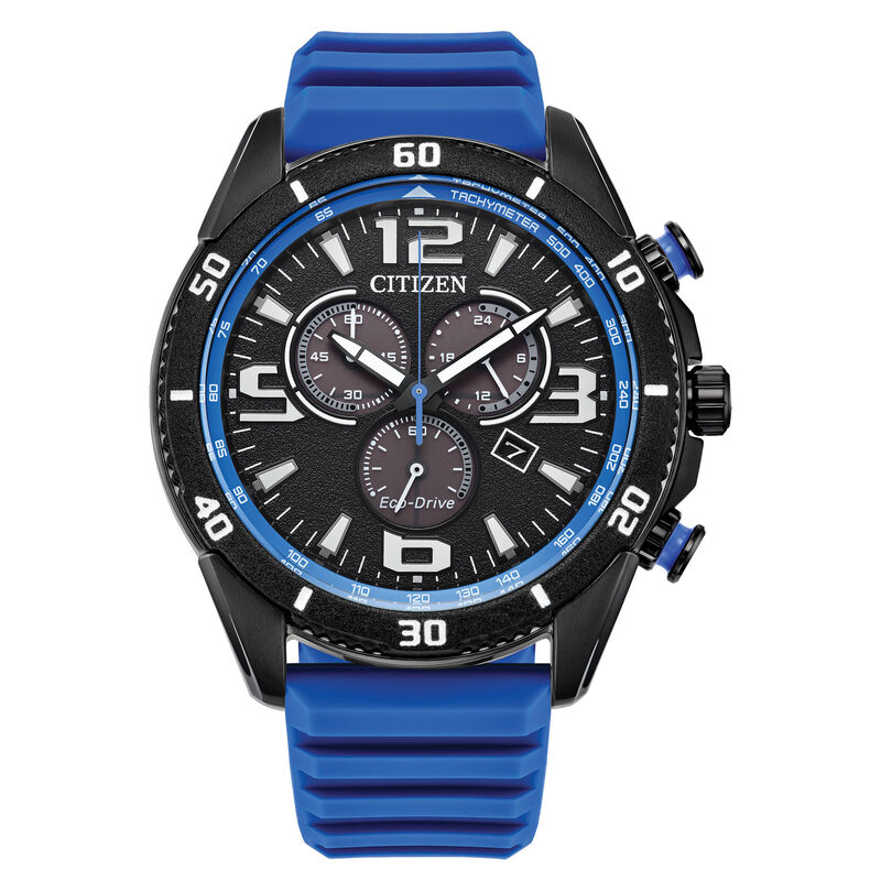 Citizen Men's Brycen Chronograph Black Dial Black IP Blue Rubber Strap 45mm Watch AT2586-05E image number null