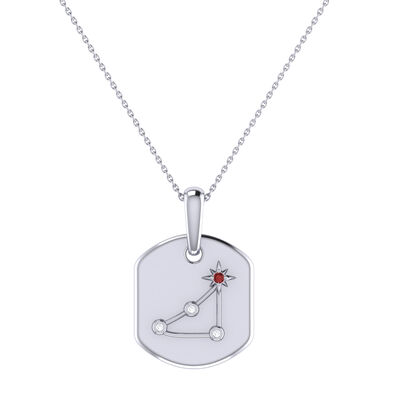 Diamond and Garnet Capricorn Constellation Zodiac Tag Necklace in Sterling Silver