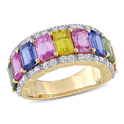 Rainbow Created Sapphire & Diamond Baguette Ring in 14k Yellow Gold