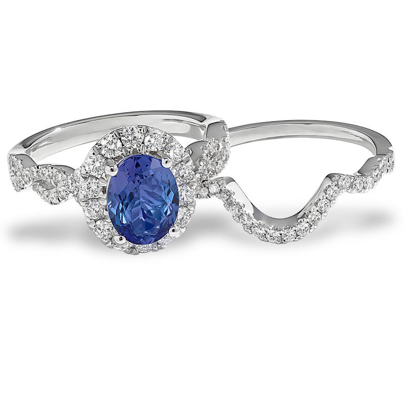 Teagen. Oval Tanzanite & Diamond Halo Engagement Ring & Wedding Band Set in 14k White Gold image number null