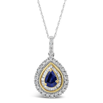 Pear-Shaped Sapphire & Diamond Halo Pendant in 10k White & Yellow Gold