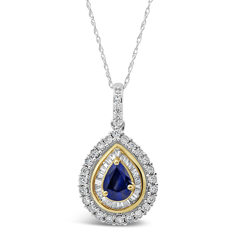 Pear-Shaped Sapphire & Diamond Halo Pendant in 10k White & Yellow Gold image number null