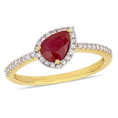 Ruby & Diamond Pear-Shaped Ring in 14k Yellow Gold