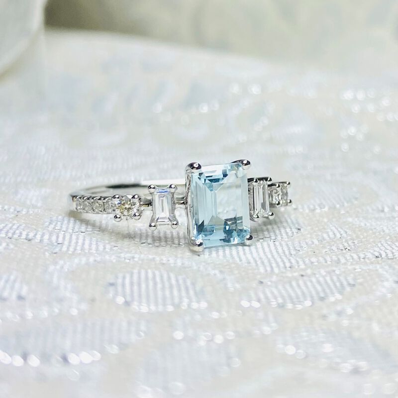 Emerald-Cut Aquamarine & Diamond Ring in 10k White Gold image number null