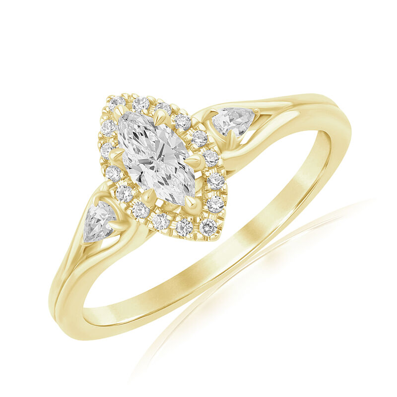 Marquise Lab Grown Diamond Halo Three Stone Engagement Ring in 14k Yellow Gold image number null