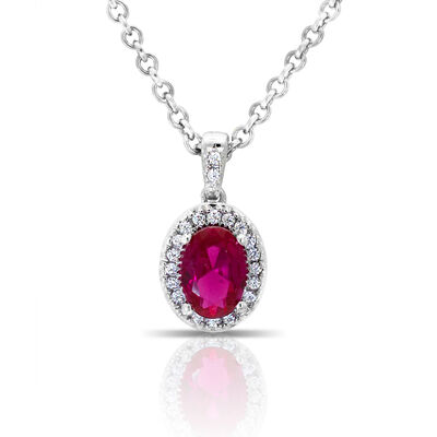 Oval Created Ruby & Diamond Pendant 16-20" in Sterling Silver
