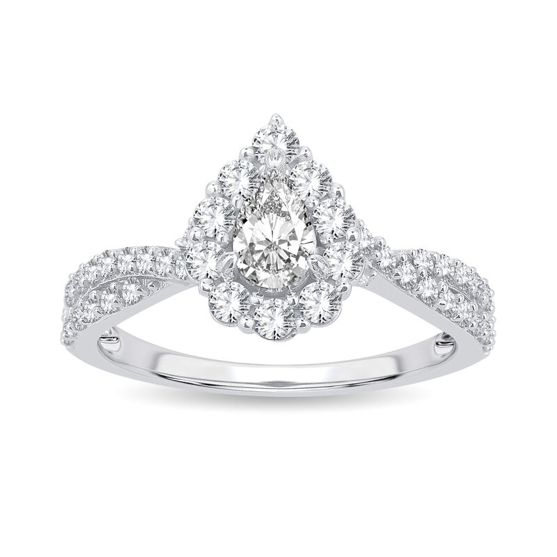 Darby. Pear-Shaped Lab Grown 1ctw. Diamond Halo Twist Engagement Ring in 10k White Gold image number null