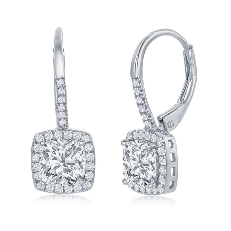 Cushion Cut Cubic Zirconia Border Drop Earrings in Sterling Silver image number null