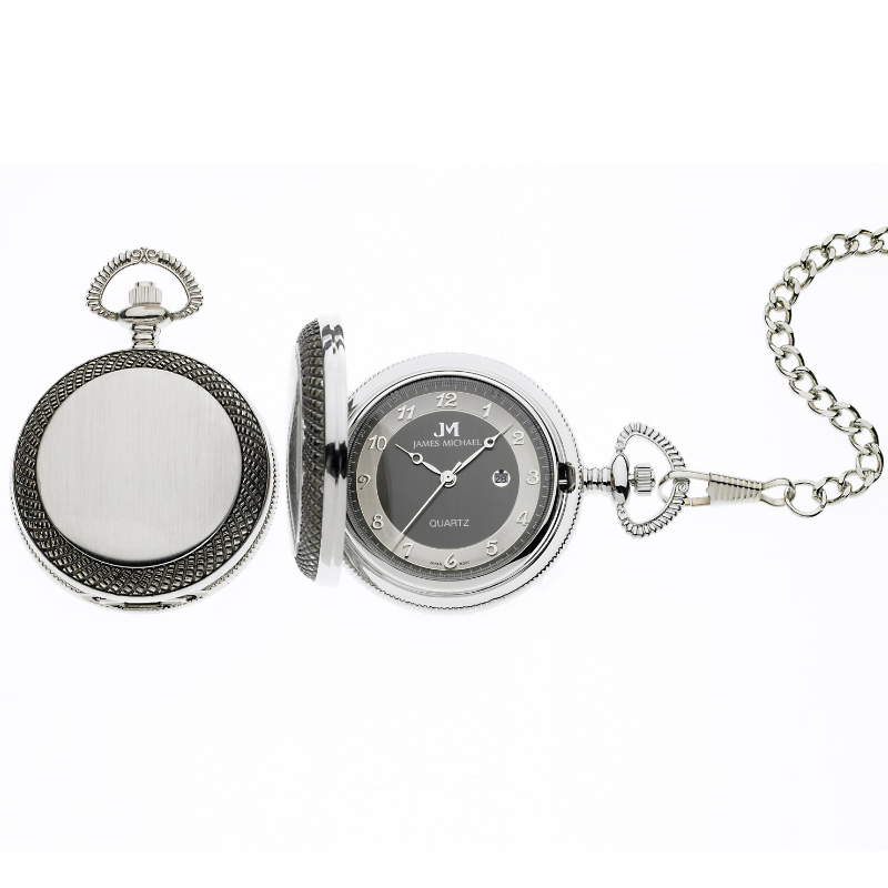 Satin Finish Silver-Tone Stainless Steel & Black Detail Pocket Watch image number null