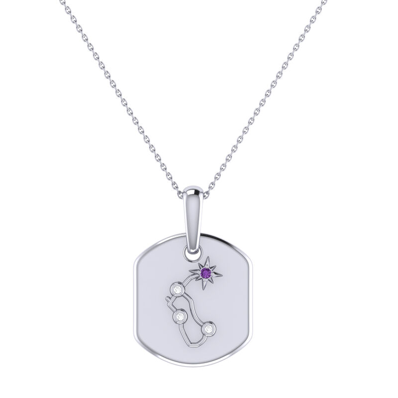 Diamond and Amethyst Aquarius Constellation Zodiac Tag Necklace in Sterling Silver image number null